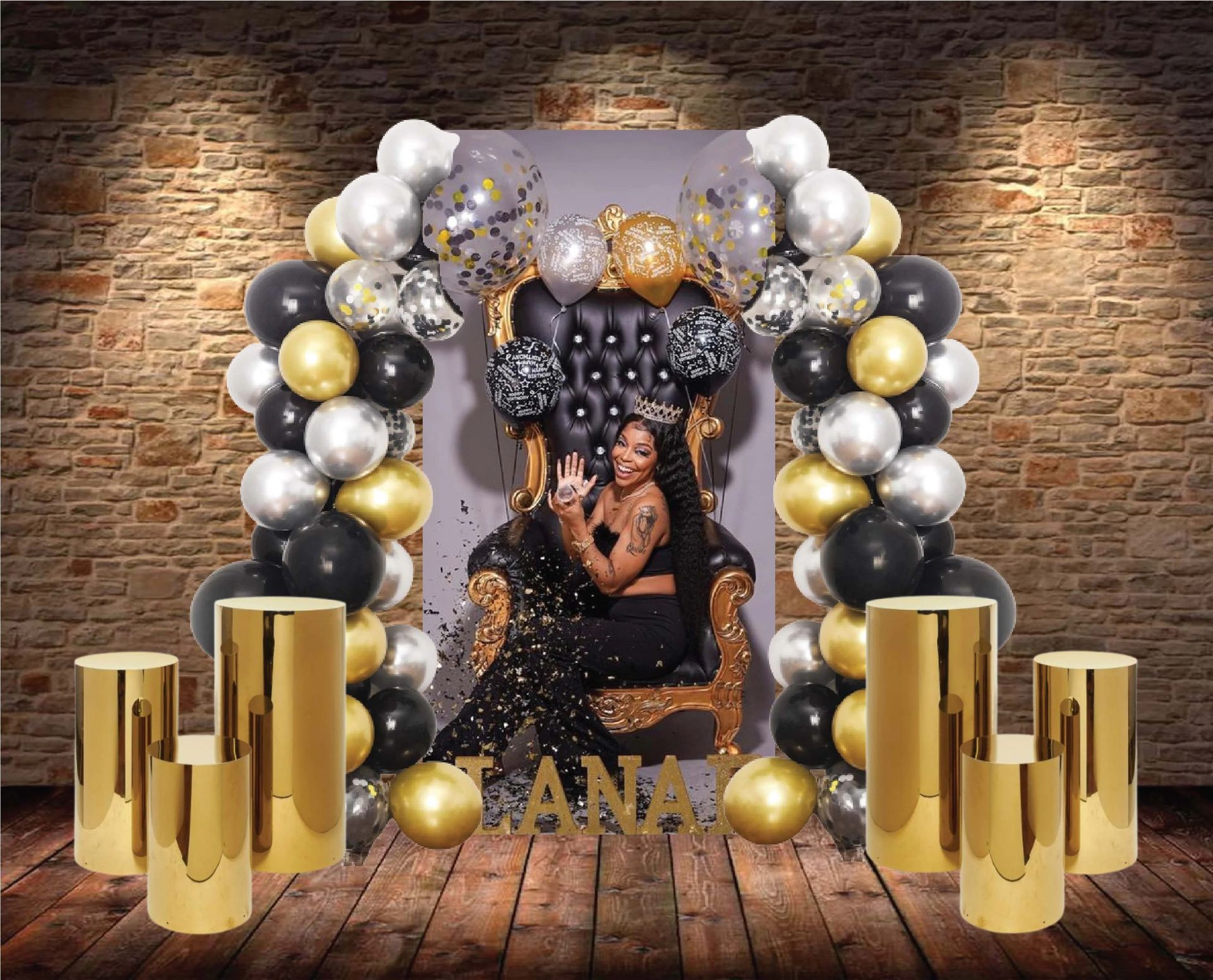 Celebration backdrop with person in ornate chair, balloons, and gold accents.