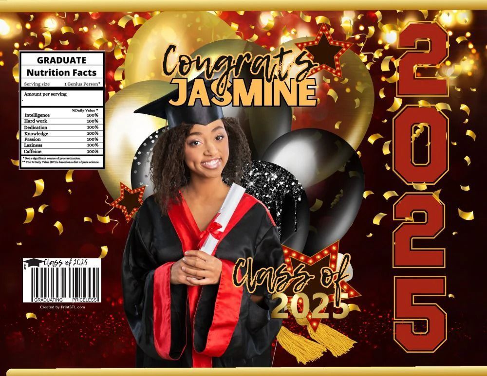 Graduation-themed chip bag with a smiling graduate in cap and gown, balloons, text 