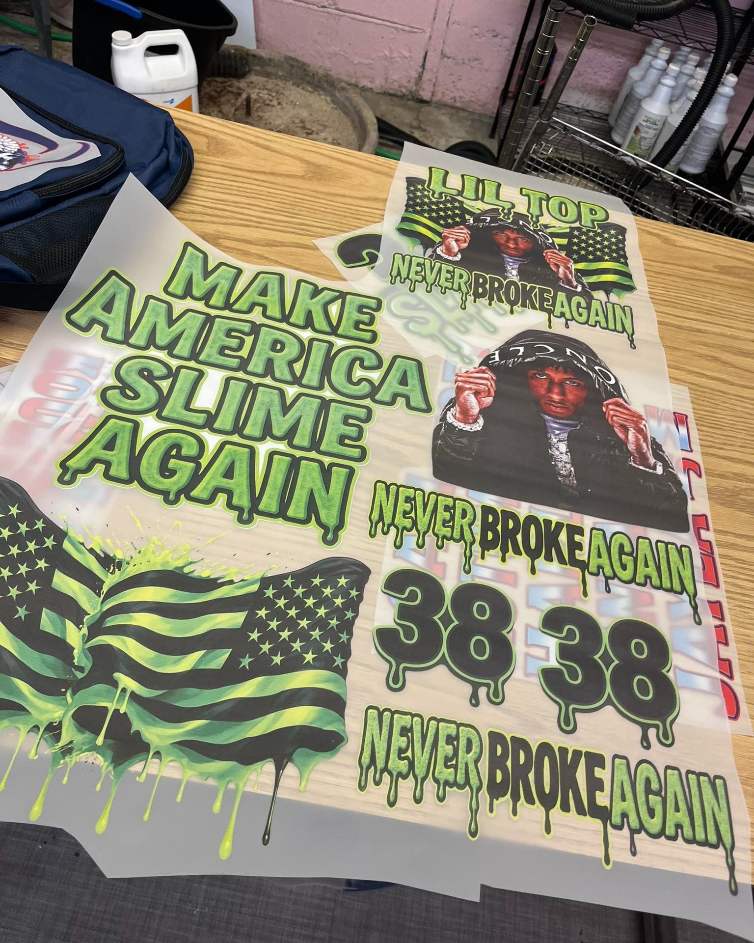 Printed designs for apparel with slogans like 