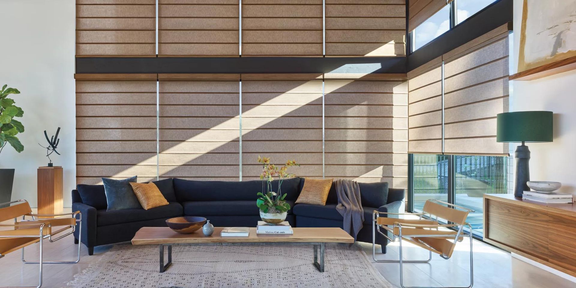 Modern living room with black sofa, wooden slat wall, and sunlight streaming through large windows