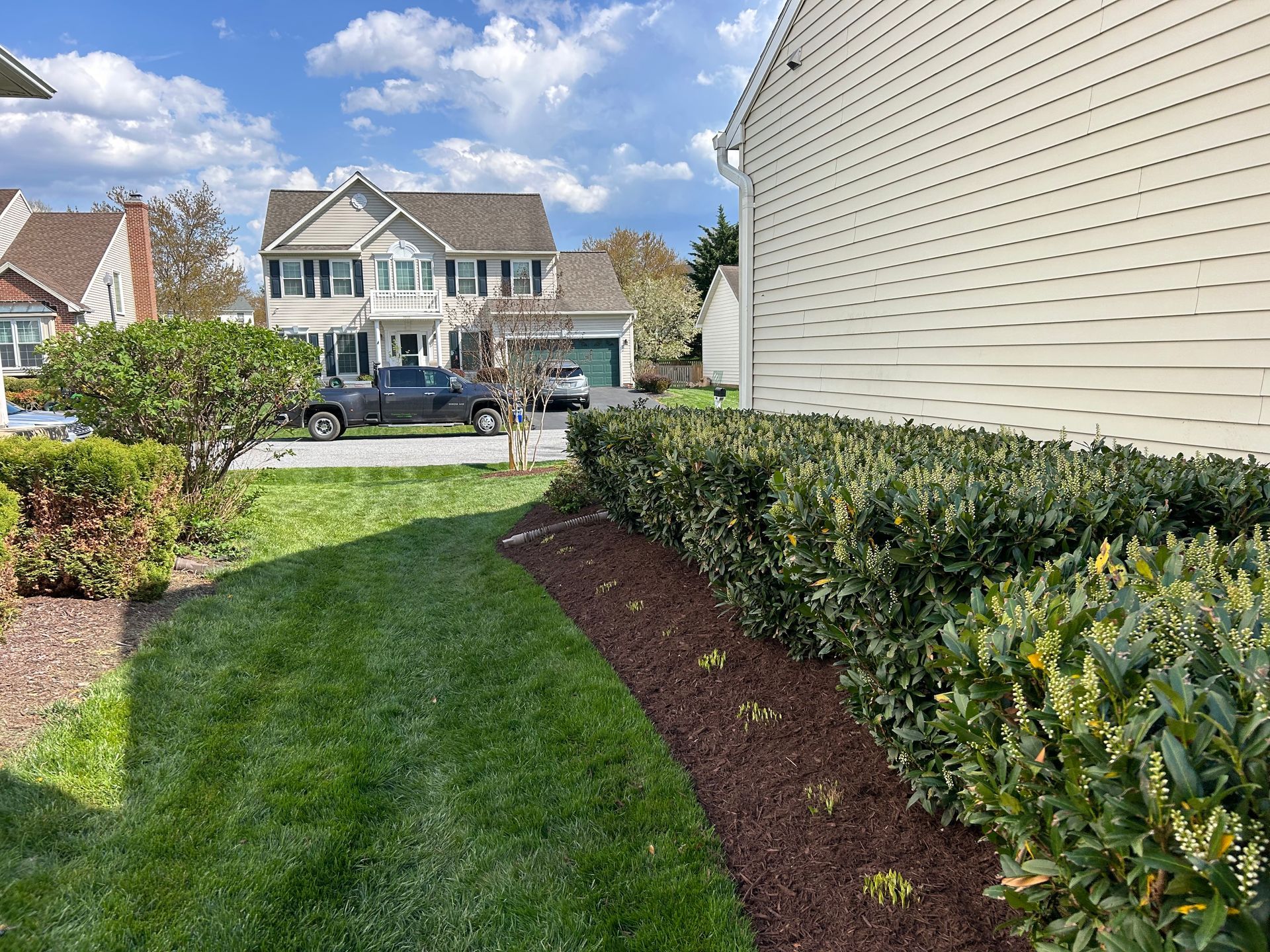 A side view of a house with beige siding, a trimmed green hedge, a mulched garden bed, and a lawn with a house in the back.