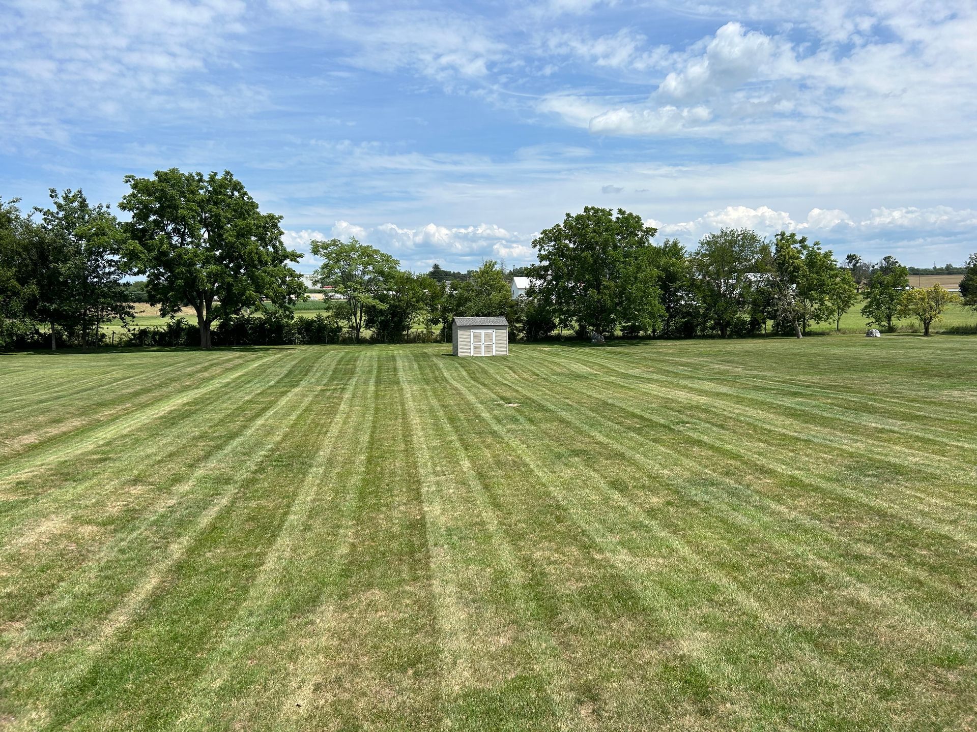 A freshly mowed, striped green lawn features a small shed in the center, surrounded by trees under a blue, cloudy sky.