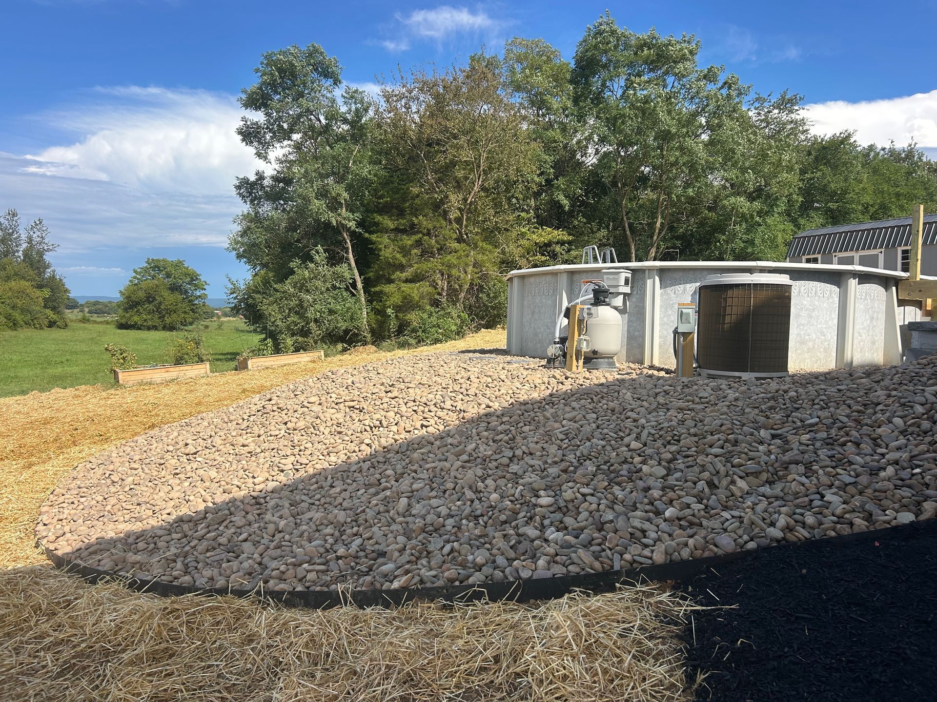 A backyard pool with a light-colored gravel landscape and a backdrop of dense green trees under a blue sky.