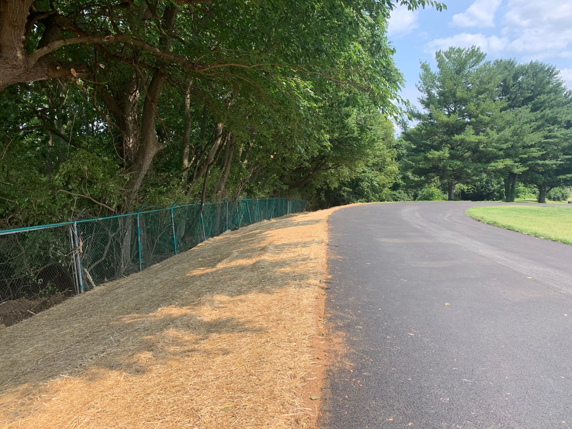 A paved trail bordered by a brown, wood-chipped slope and a green chain-link fence, with trees in the background.