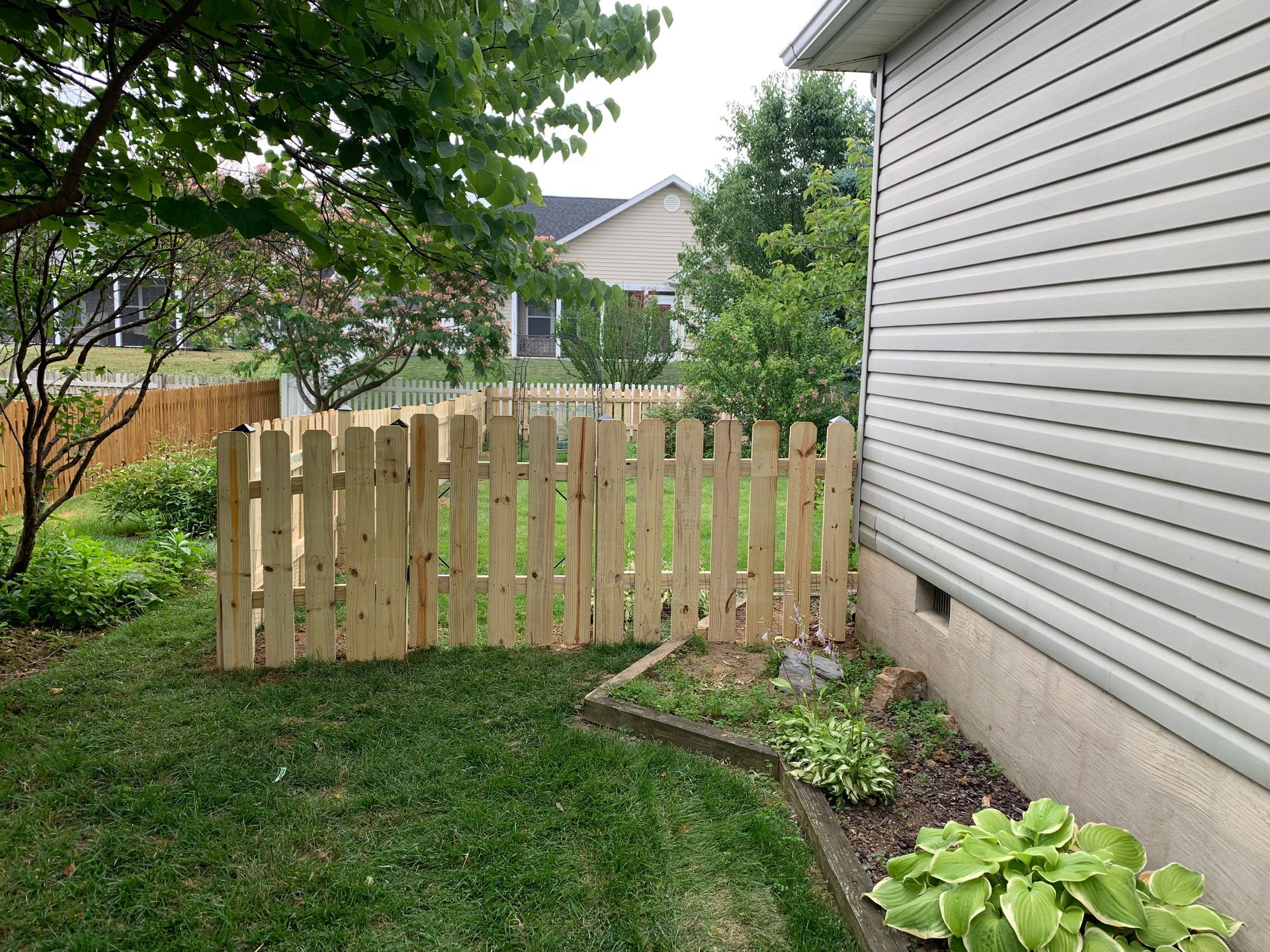 A new, light-colored wooden picket fence separates a grassy backyard from the side of a house with grey siding.