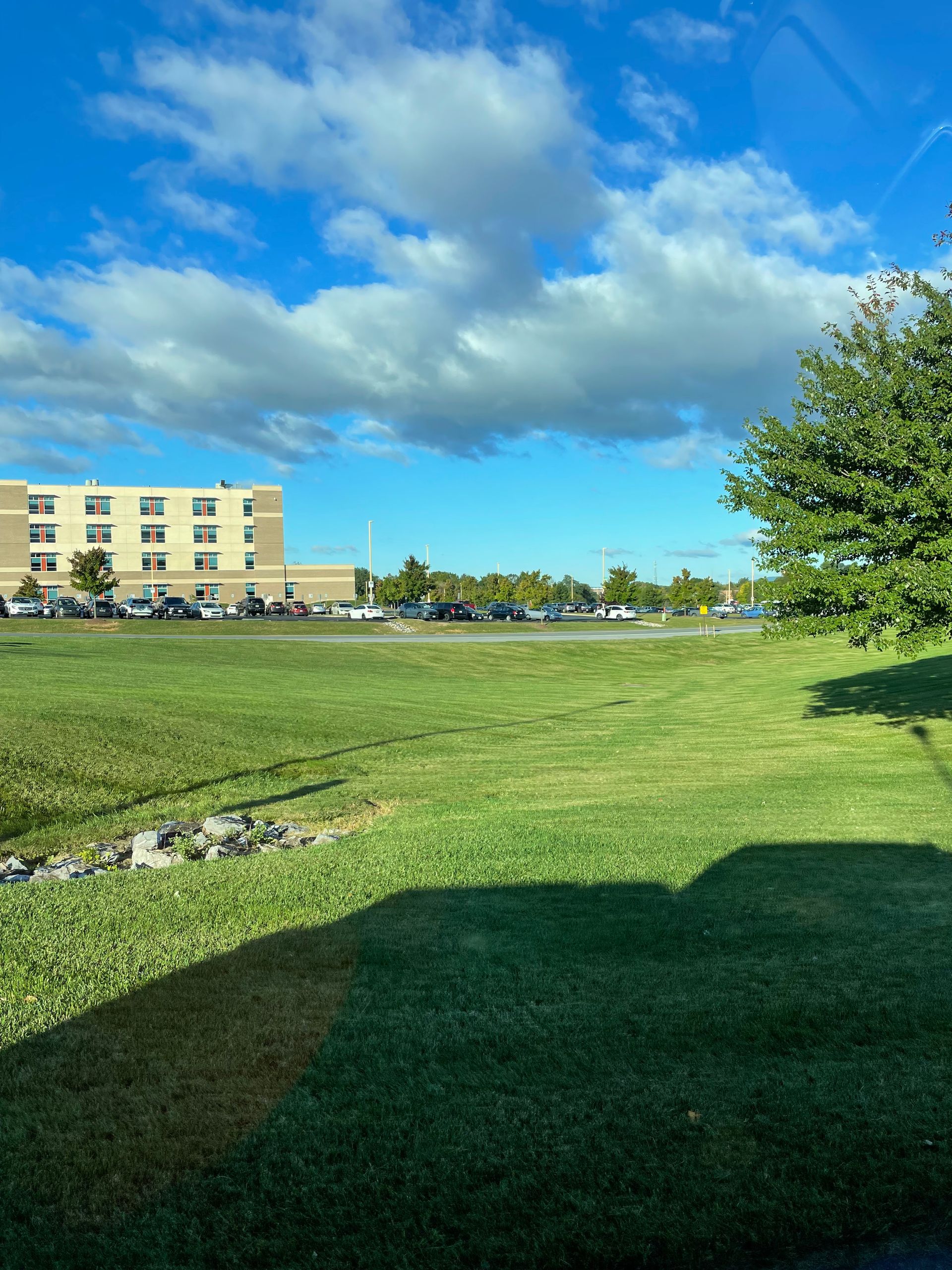 A grassy field under a bright blue sky with scattered clouds, with a large building and parking lot in the background.