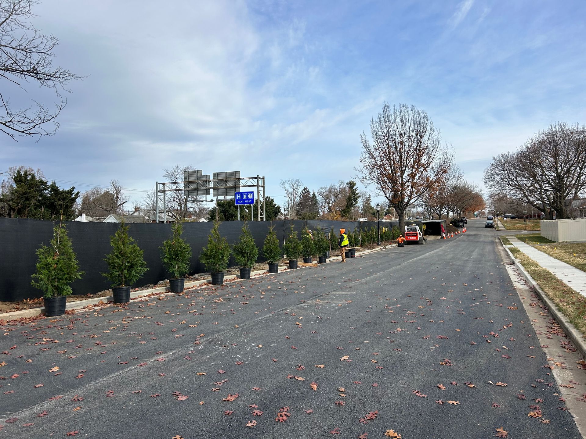 Potted evergreen trees line a dark construction fence along a freshly paved road under a bright, partly cloudy sky.