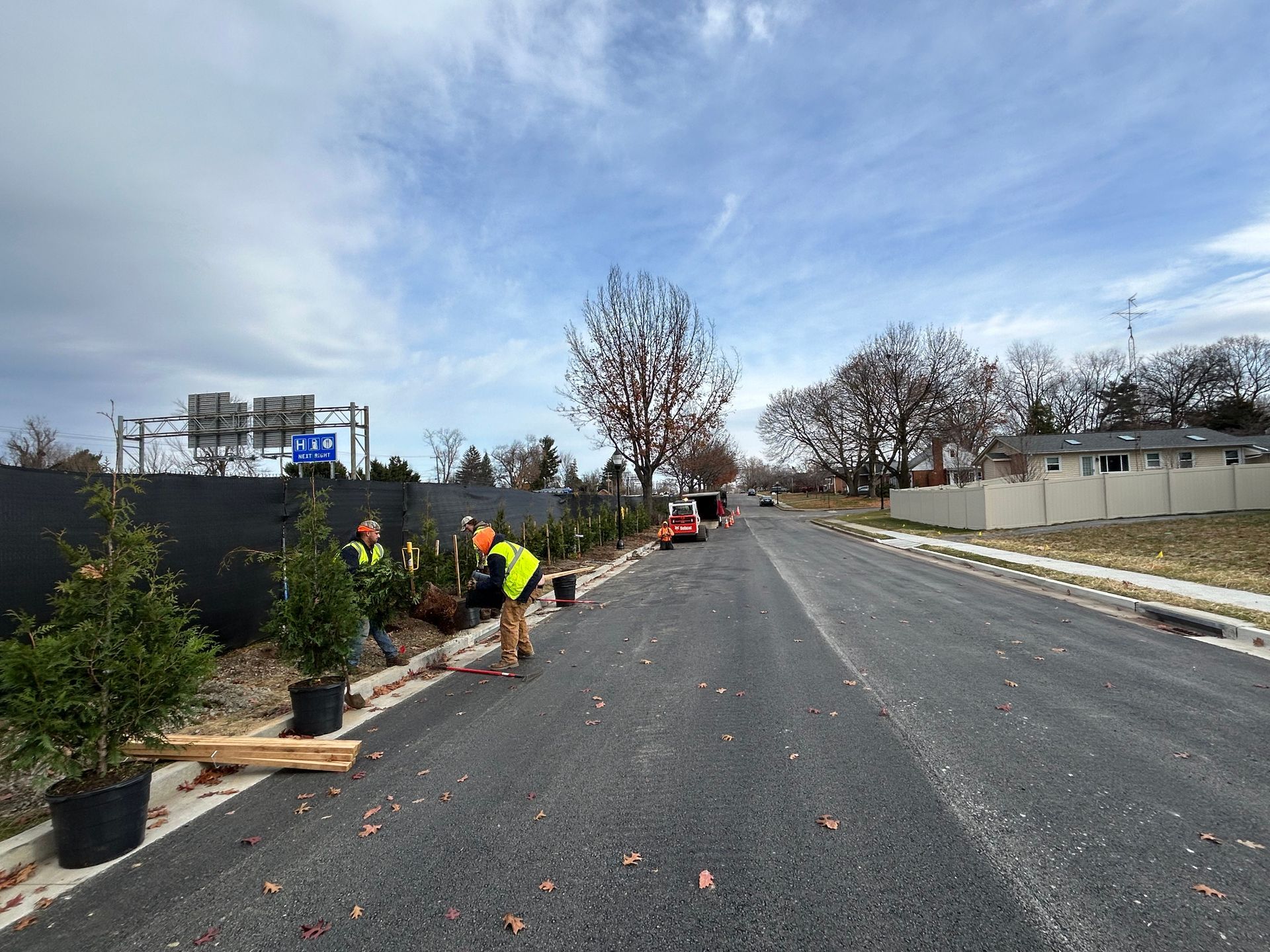 Workers in neon vests plant young trees in pots along the edge of a newly paved suburban road.