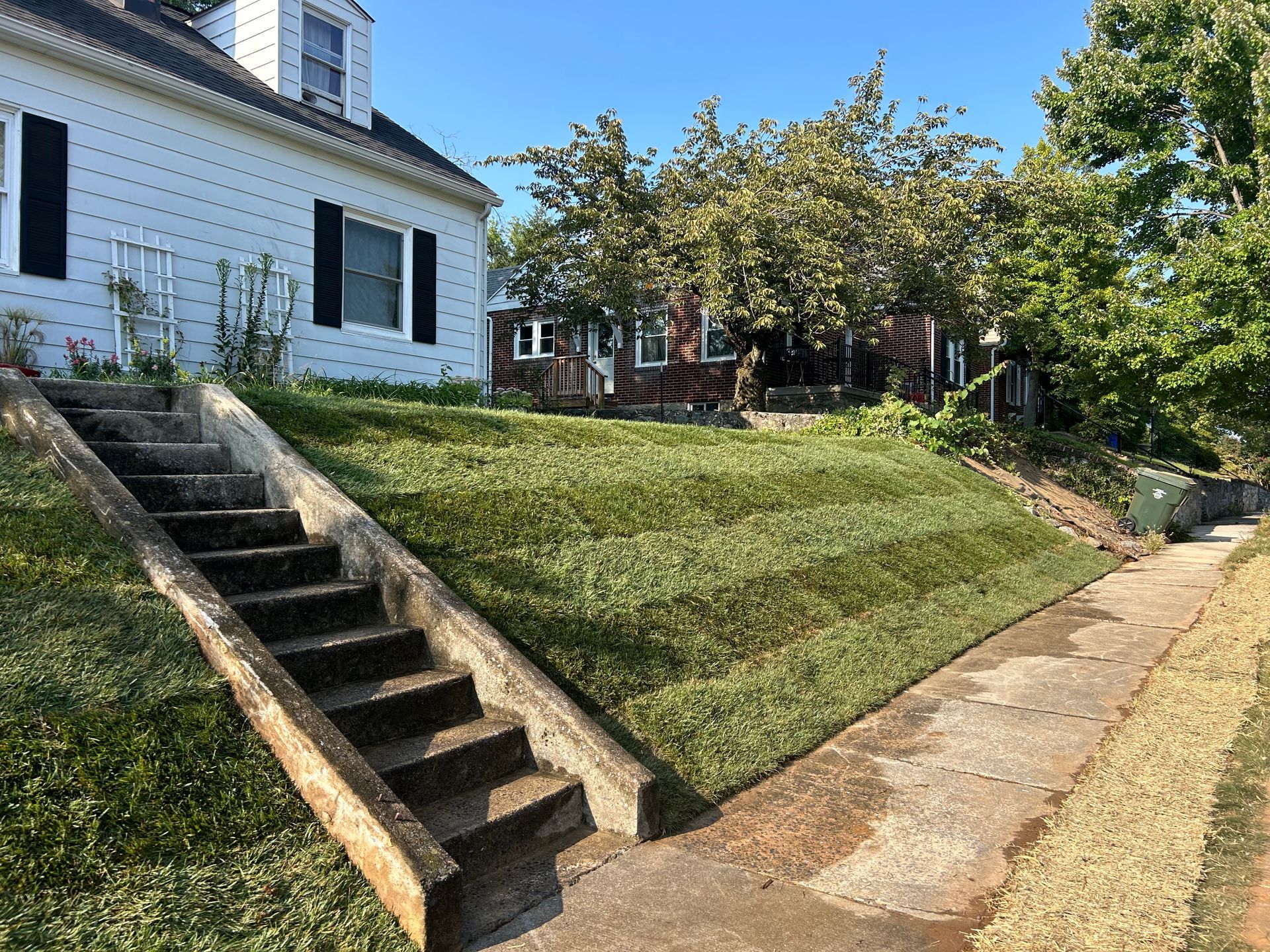 Concrete stairs lead up to a white house from a sidewalk next to a terraced grassy lawn on a sunny day.