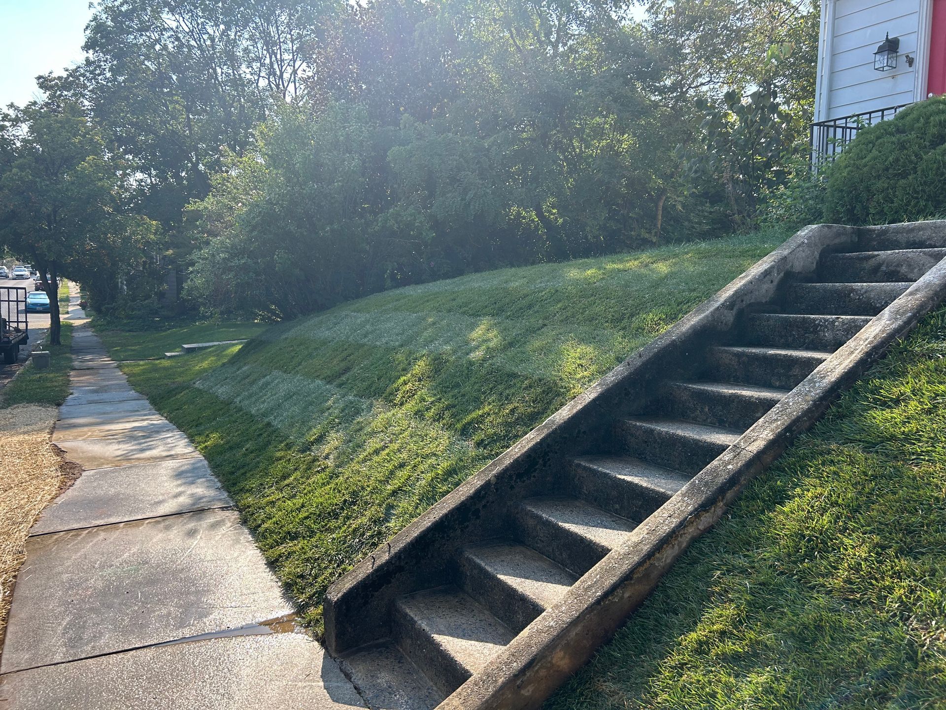 Concrete steps ascend a grassy hill from a sidewalk toward the entrance of a house.