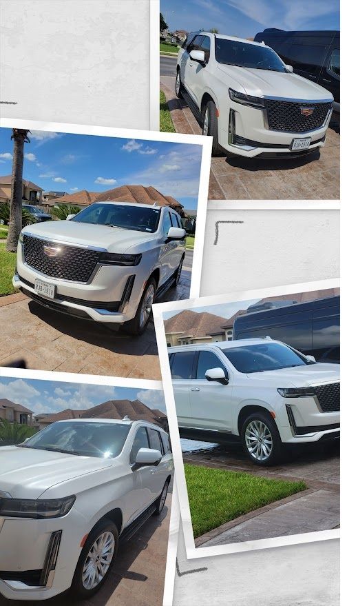A collage of pictures of a white Cadillac Escalade parked in a driveway.
