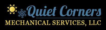 Logo for "Quiet Corners Mechanical Services, LLC" with sun and snowflake icons. Blue cursive text on black background.