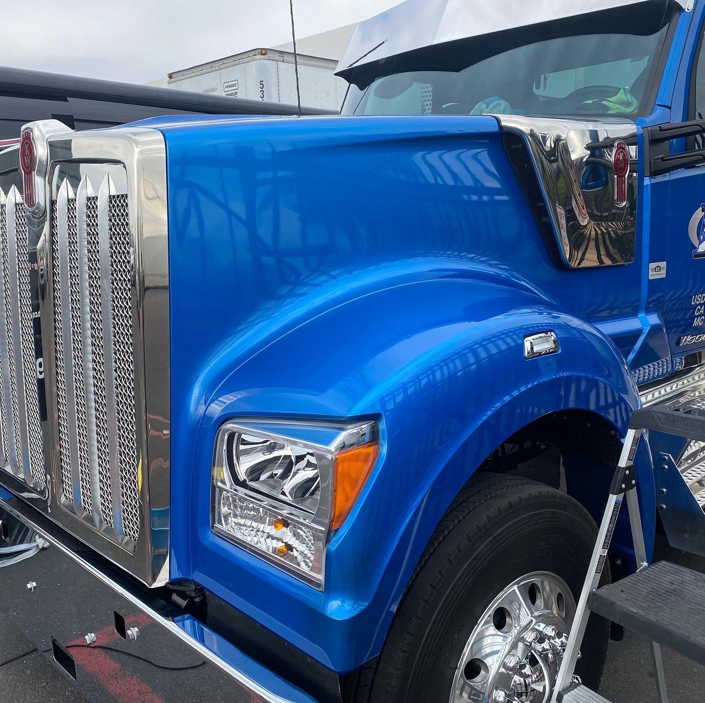 A row of semi-trucks in various colors, including red, silver, and yellow, parked outdoors under a cloudy sky.