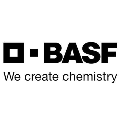 The black BASF logo featuring a stylized square icon and the slogan 