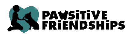 Logo for Pawsitive Friendships featuring a teal heart silhouette of a person shaking hands with a dog next to the text.