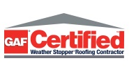 GAF Certified Weather Stopper Roofing Contractor logo; red, white, gray.