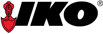 Logo for IKO, featuring a stylized red shield and the black text