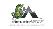 Green alligator mascot with mountains, logo for metal roofing installation training.