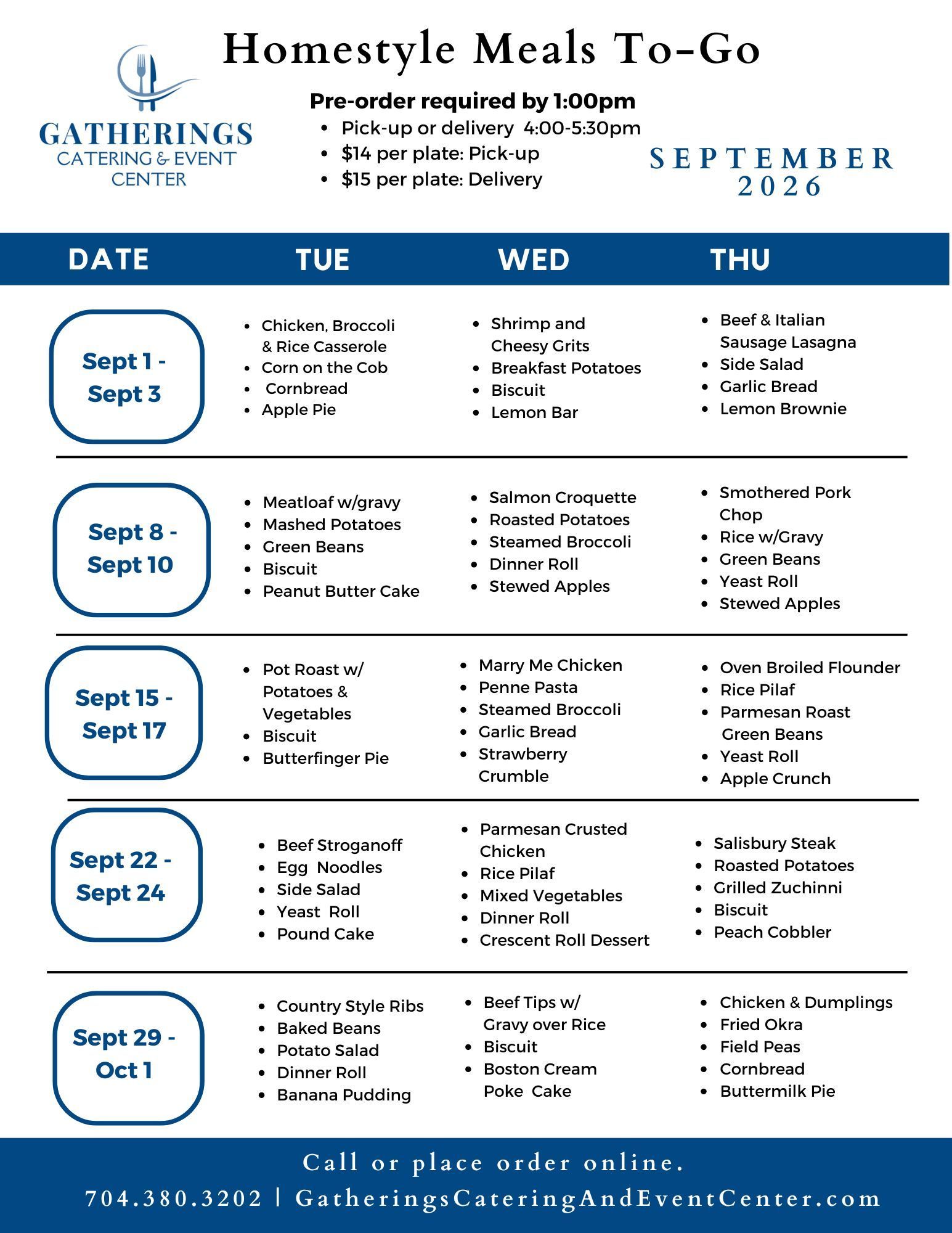 Homestyle Meals To-Go weekly menu with dates and meal lists for August, 2026.