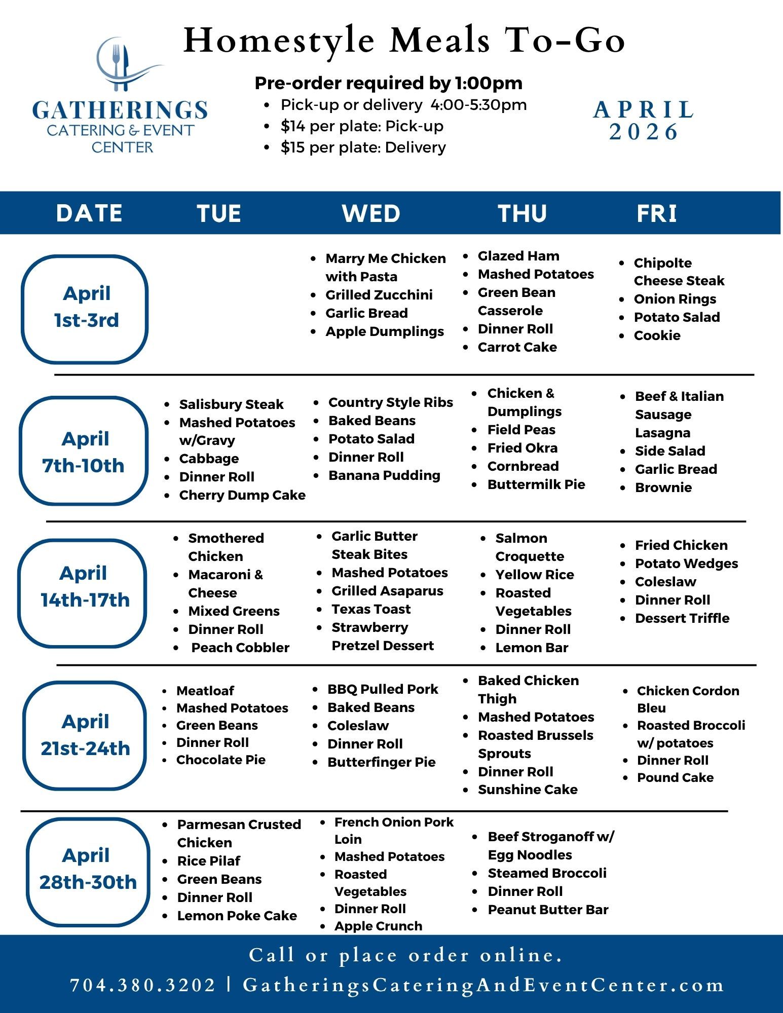 Homestyle  Meals To-Go April 2026  Menu