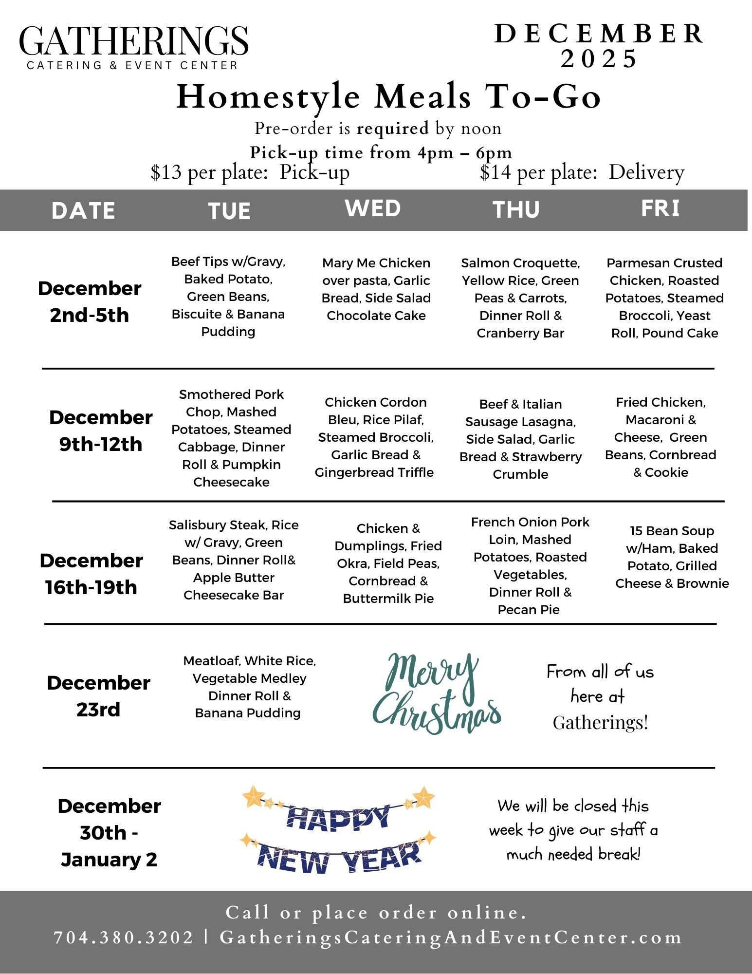Homestyle Meals To-Go December 2025 Menu