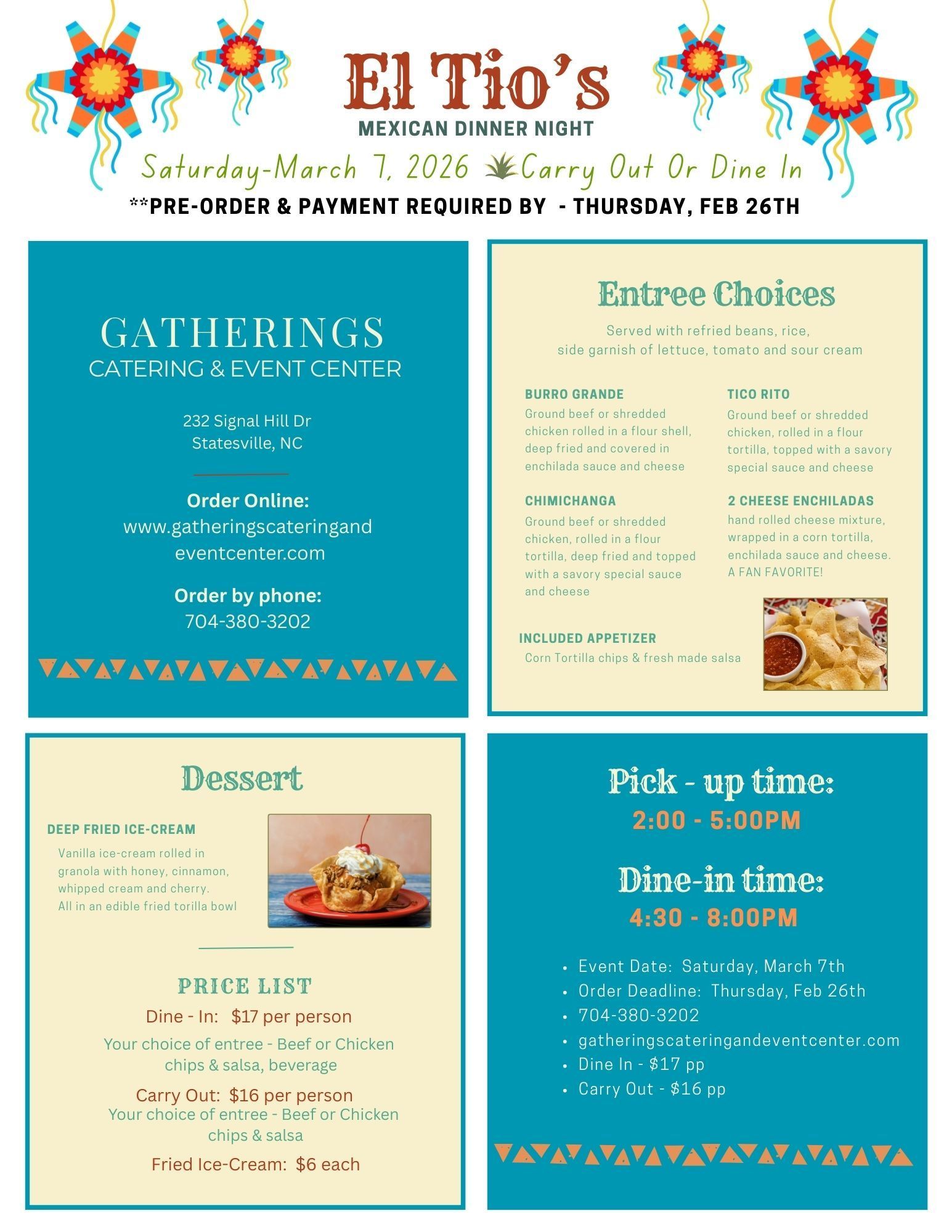 El Tio's Mexican dinner event flyer: food choices, pricing, pickup/dine-in times, and location details.