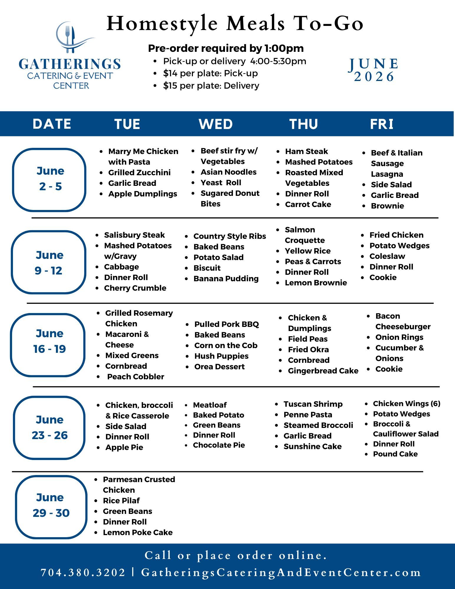 Homestyle Meals To-Go weekly menu with dates and meal lists for June 2–30, 2026.