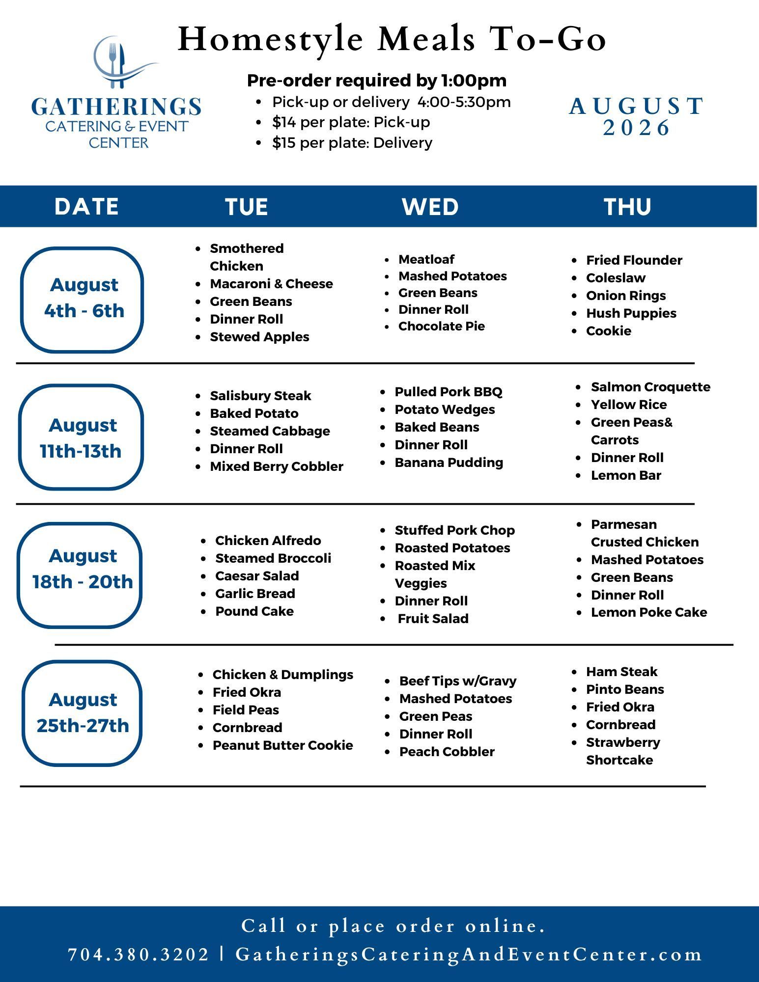 Homestyle Meals To-Go weekly menu with dates and meal lists for August, 2026.
