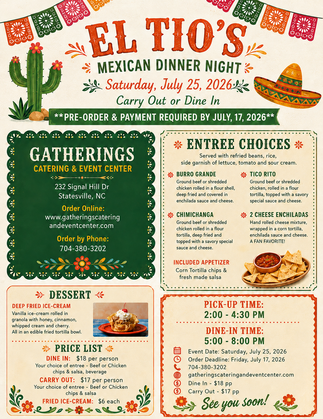 Mexican dinner flyer for El Tio’s, with catering, entrée choices, dessert, and pickup time details.