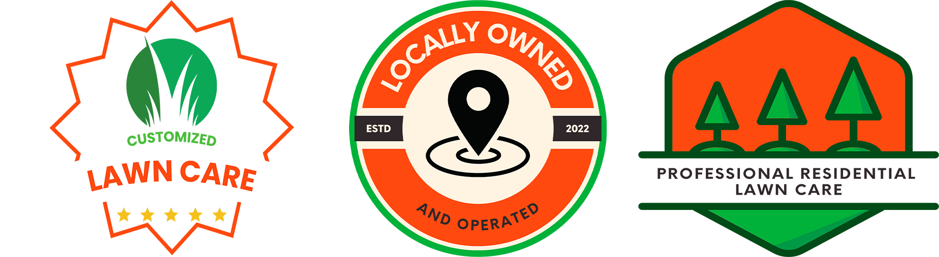 Logos for lawn care business; features a starburst, a map pin, and trees; green and orange colors.