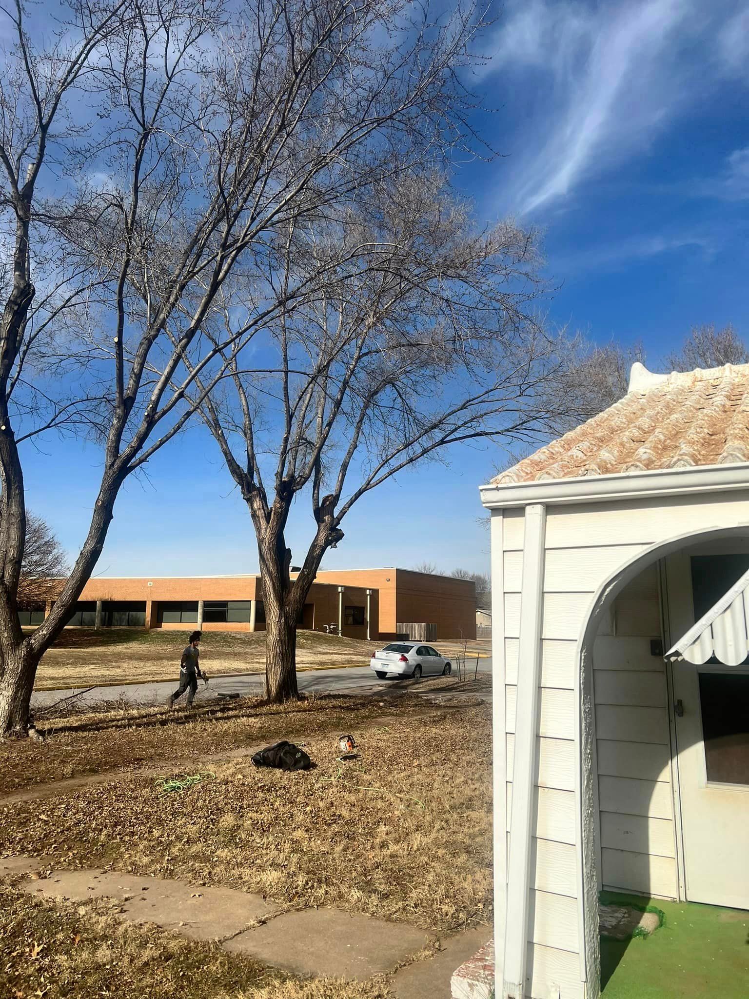 A white house with a roof that is covered in shingles is sitting next to a tree.