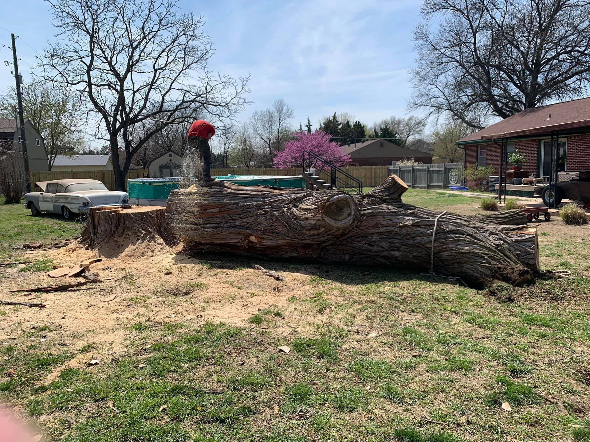A large tree stump is sitting in the grass in front of a house.