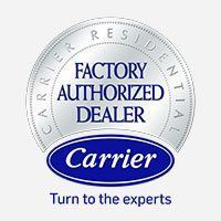 Carrier Factory Authorized Dealer badge, white and blue, text reads