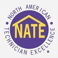 NATE logo: Purple circle with yellow letters