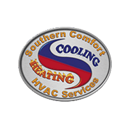 Southern Comfort Cooling & Heating logo: Oval, silver frame with blue/red 