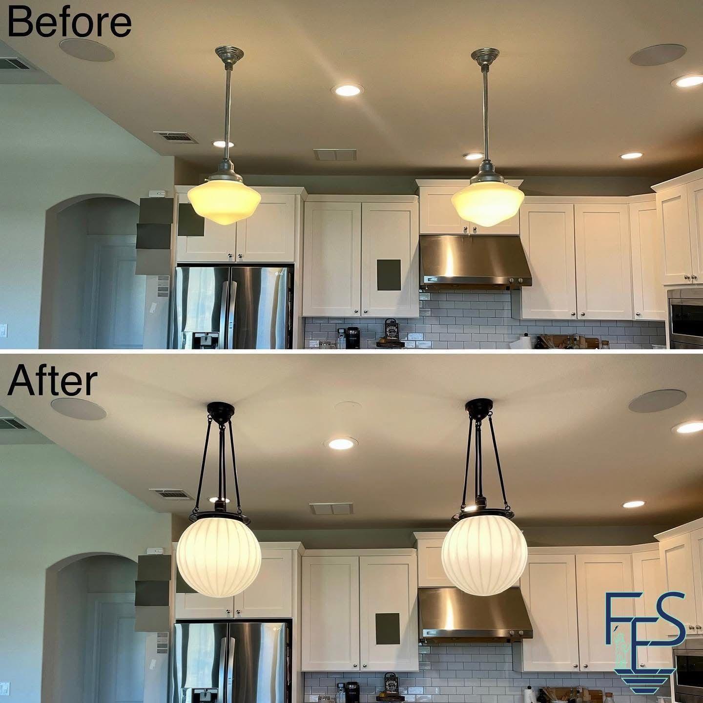 Kitchen remodel showing a before/after of hanging pendant lights. Old fixture is yellow, new fixture is white globe.