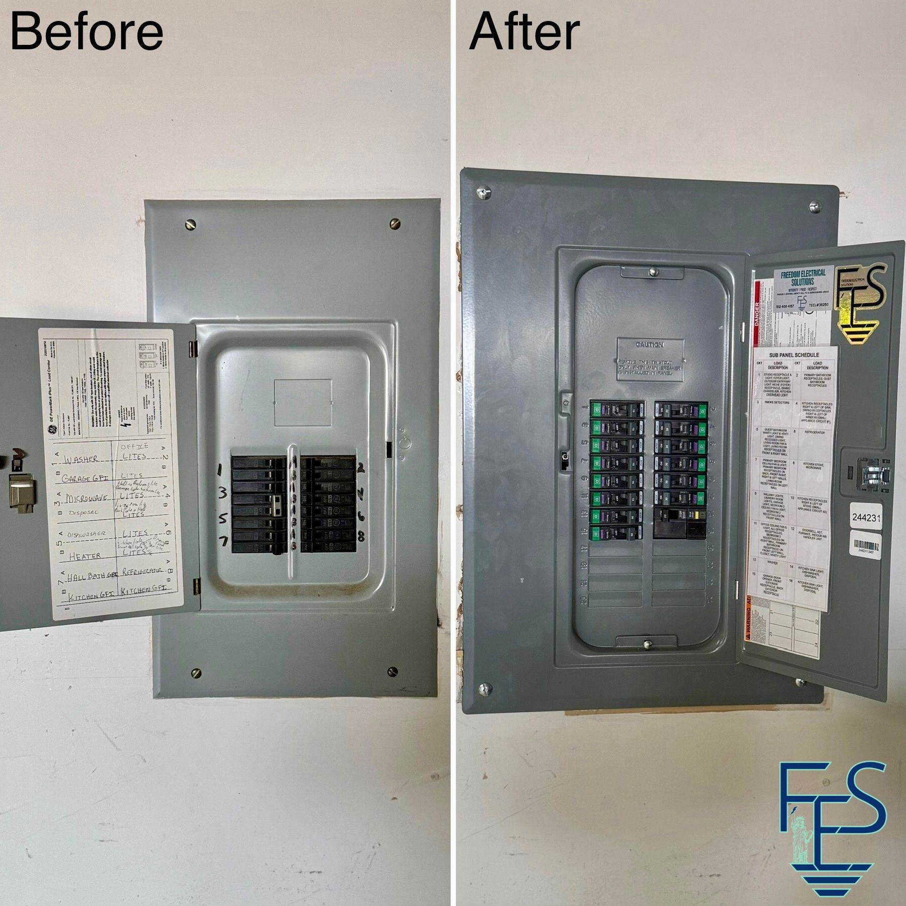 Comparison of a circuit breaker panel before and after a service upgrade.