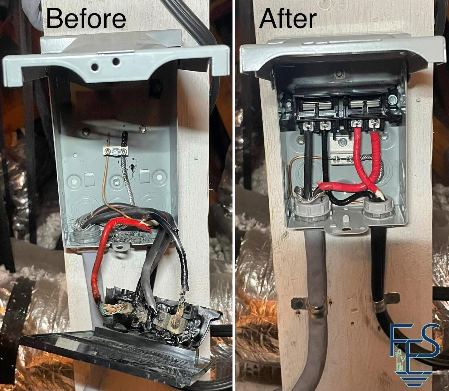 Comparison of electrical box before/after repair. Damaged wires replaced with new ones, inside a metal box.
