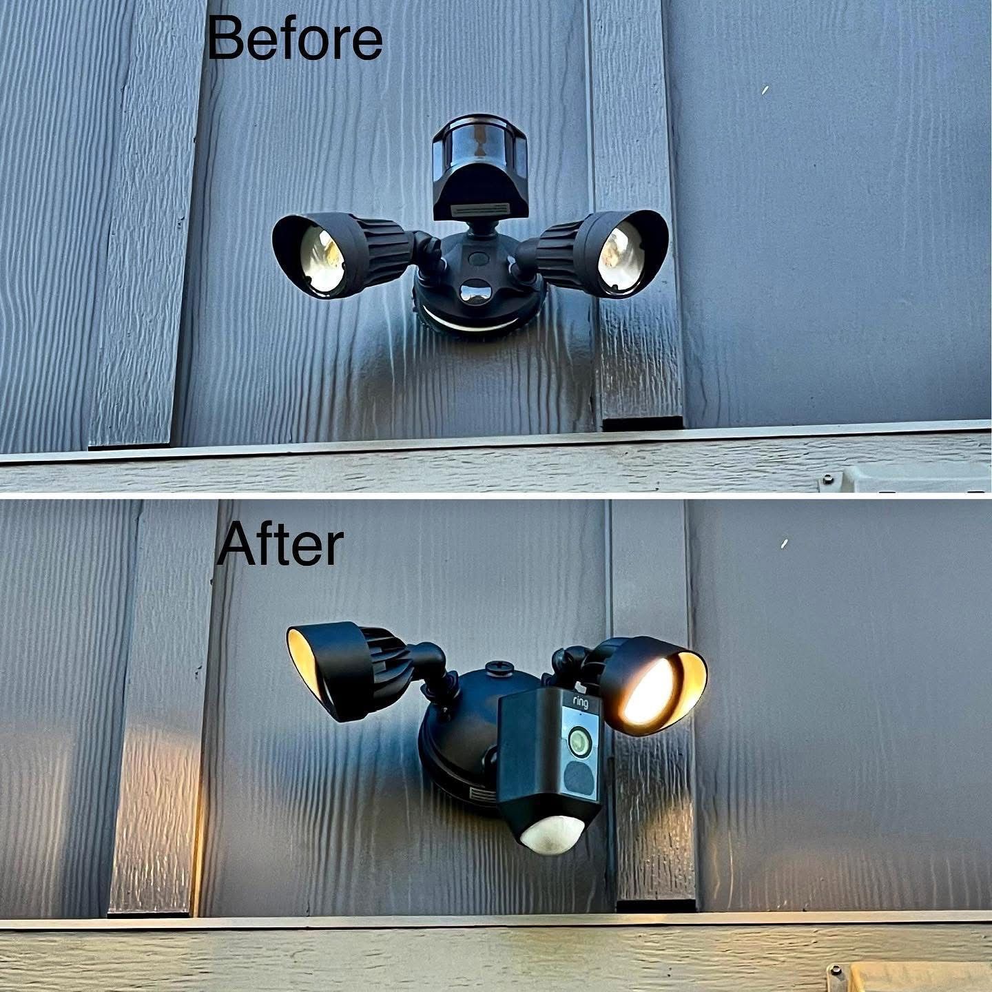 Comparison of a black security light before and after a modification. The 
