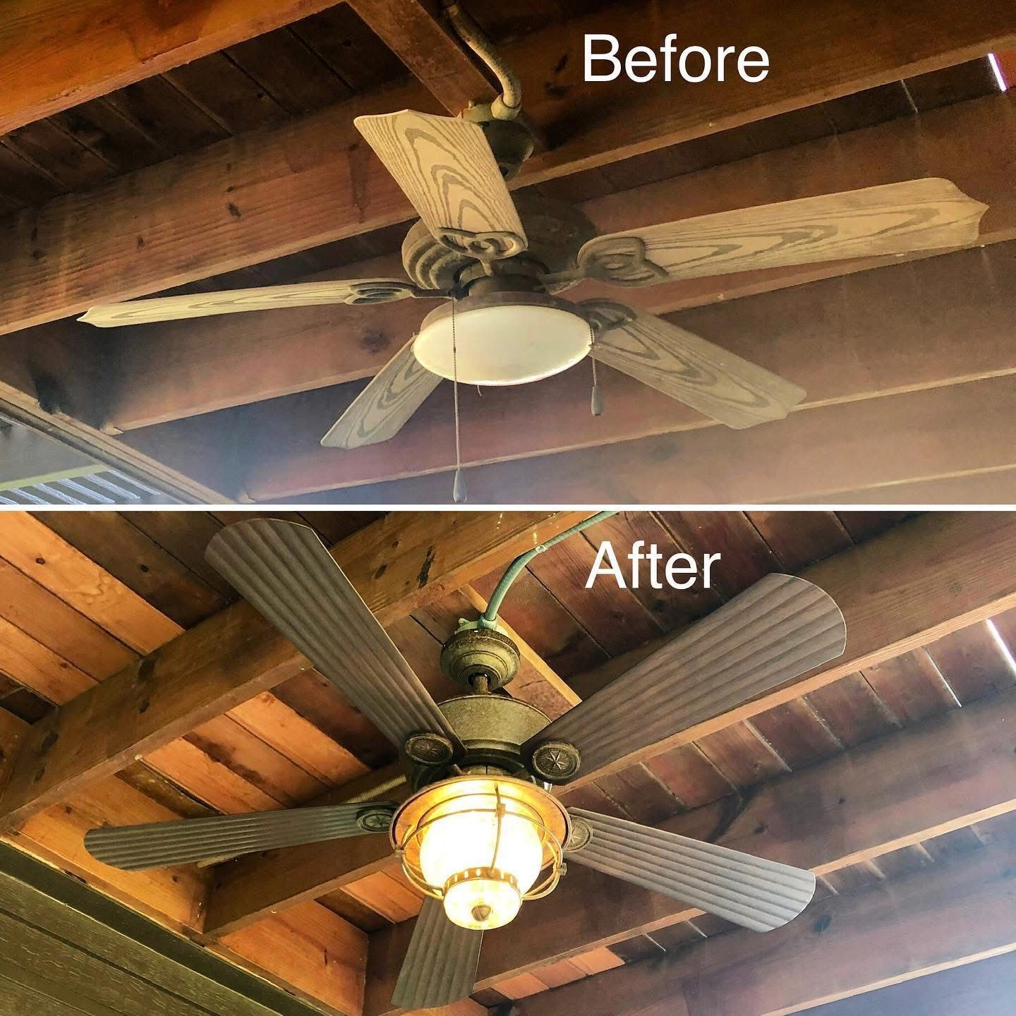 Comparison of outdoor ceiling fans: before (beige) and after (bronze) with light.