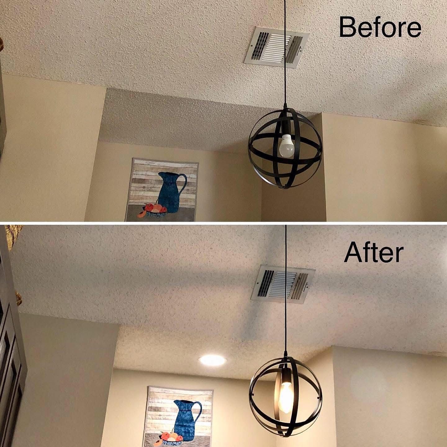 Ceiling with a pendant light before and after a recessed light installation.