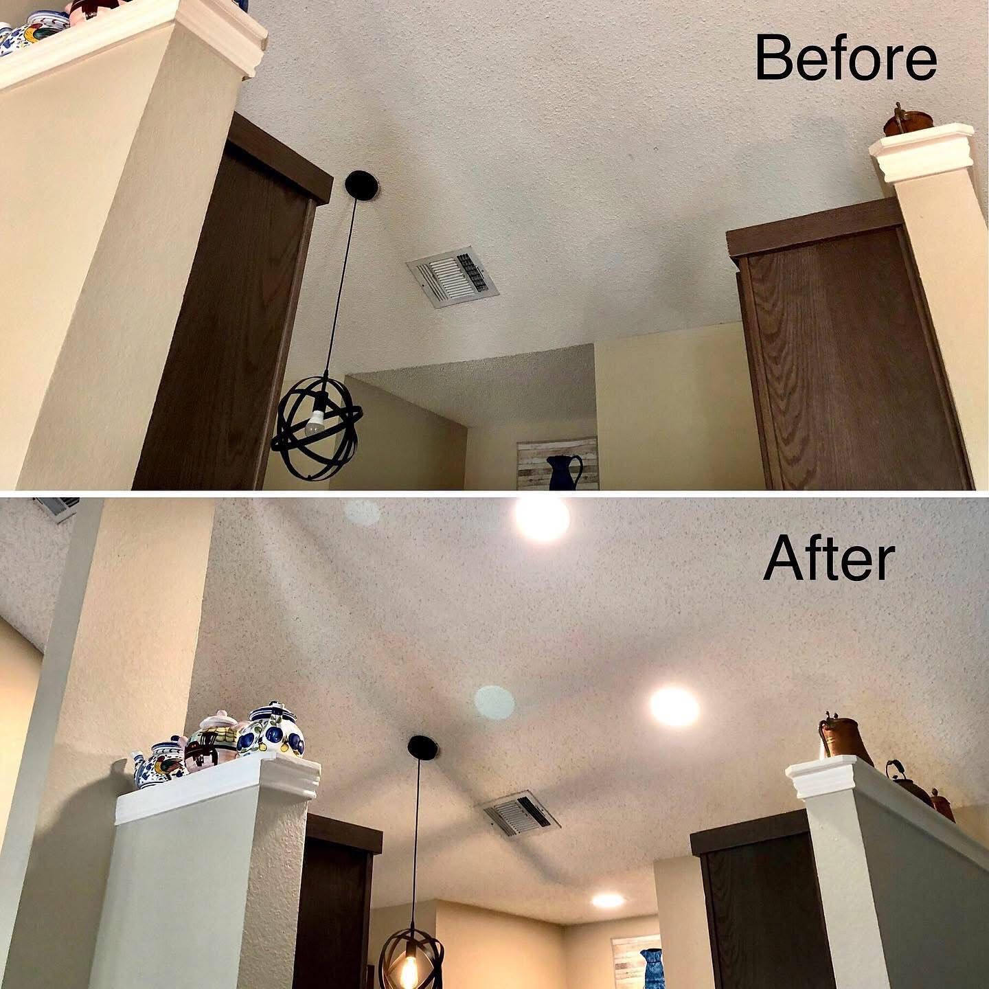 Before and after comparison of ceiling lighting. Recessed lights replaced old fixture.