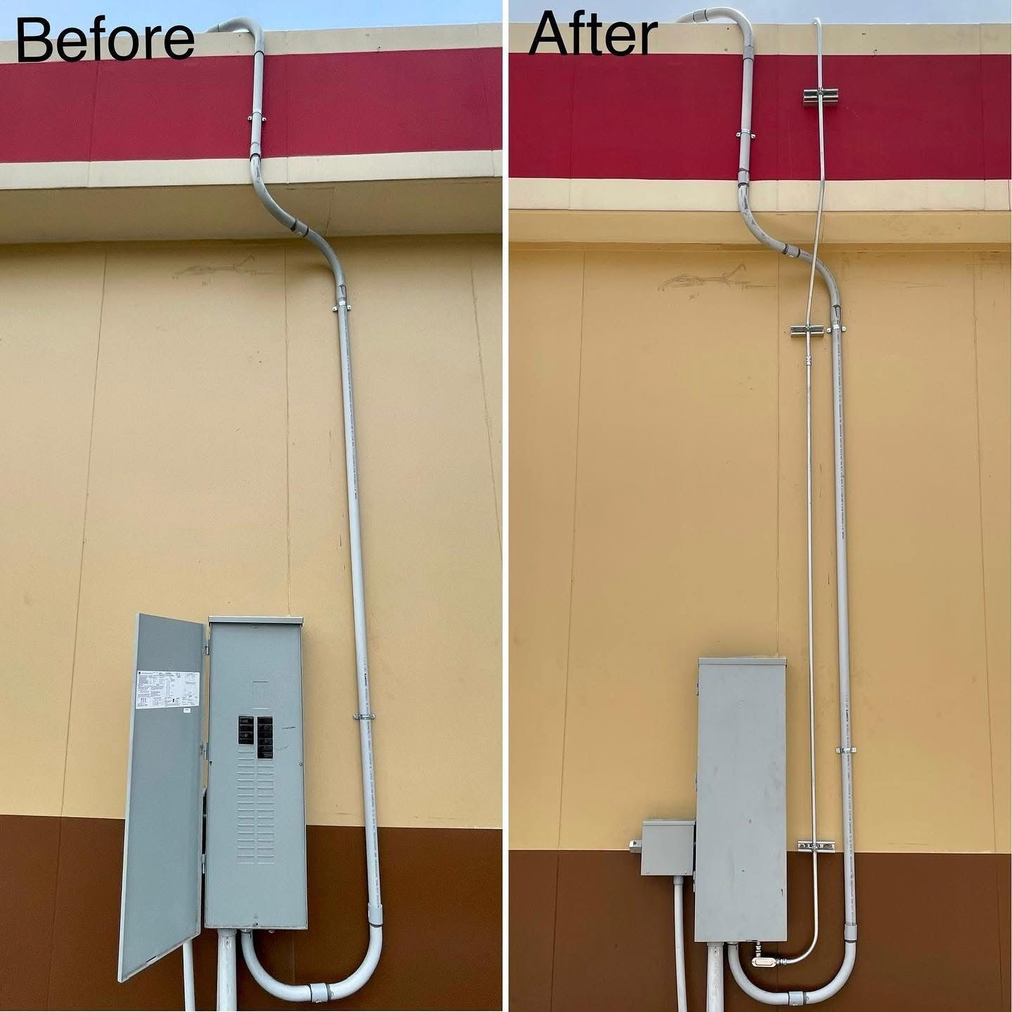 Before and after comparison of electrical conduit installation on a building exterior.