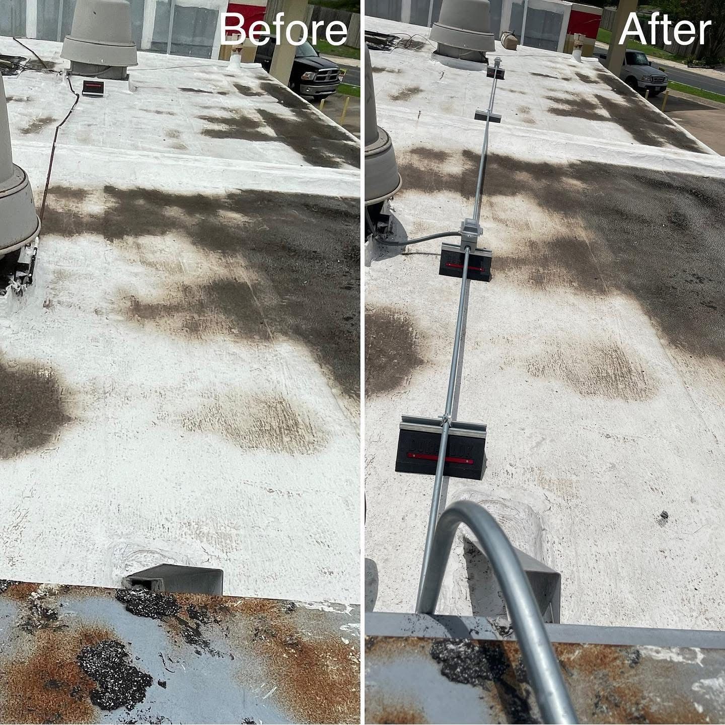 Comparison: Before/After of a roof with white coating. A metal rod and pipe were installed.