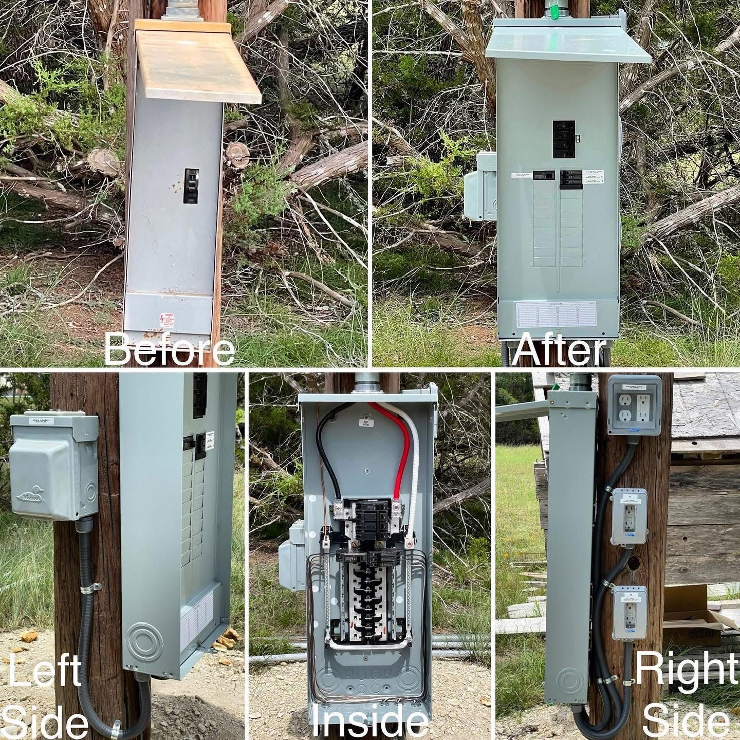 Before & after photos of an electrical panel replacement. New gray panel on a wooden post.