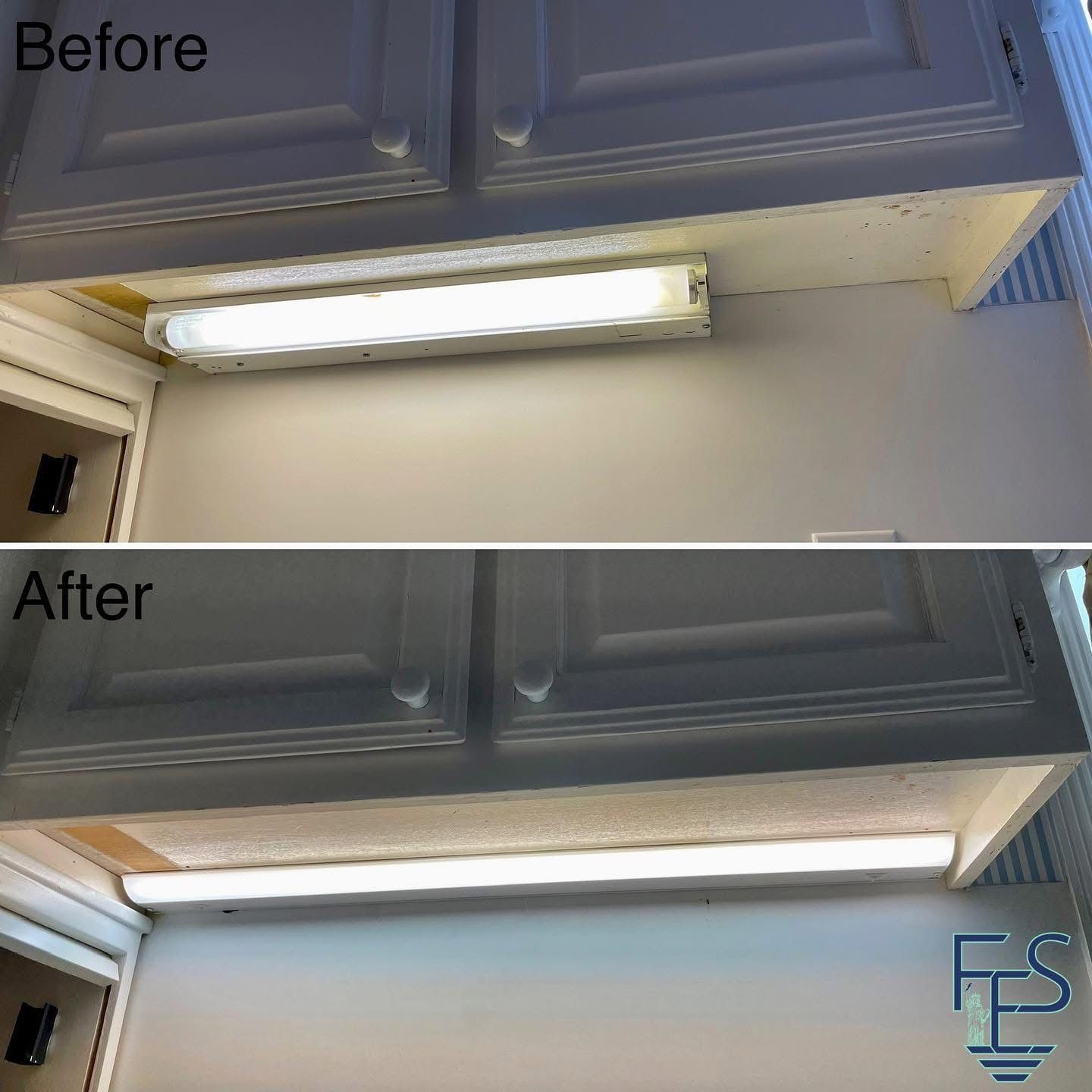 Comparison of under-cabinet lighting. Top: fluorescent tube light (before). Bottom: LED light (after), in a kitchen setting.