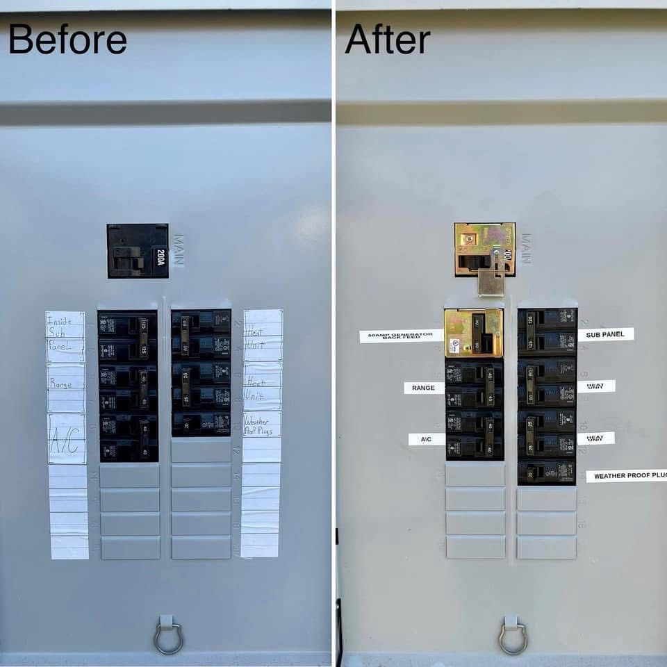 Electrical panel before and after modifications. Breakers labeled with descriptions in both versions.