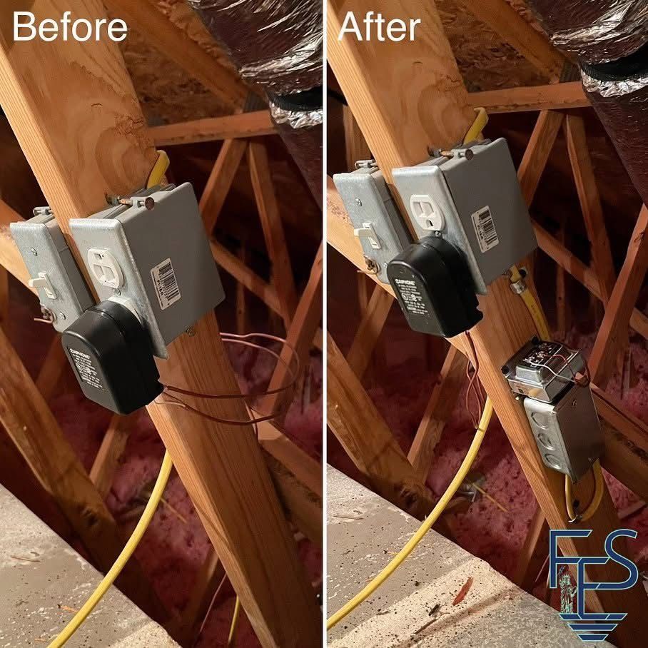 Electrical box installation in an attic. Wires are neater after the work, with a new junction box.