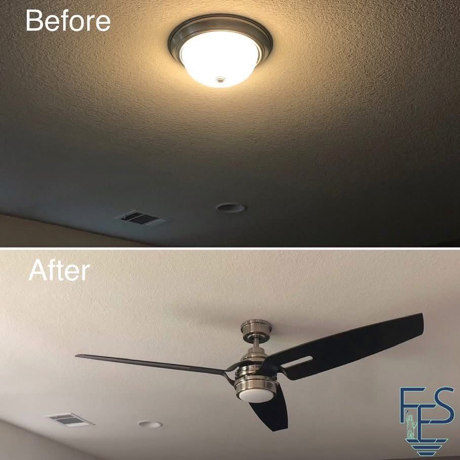 Comparison: ceiling light before, ceiling fan after; black blades, stainless finish, white ceiling.