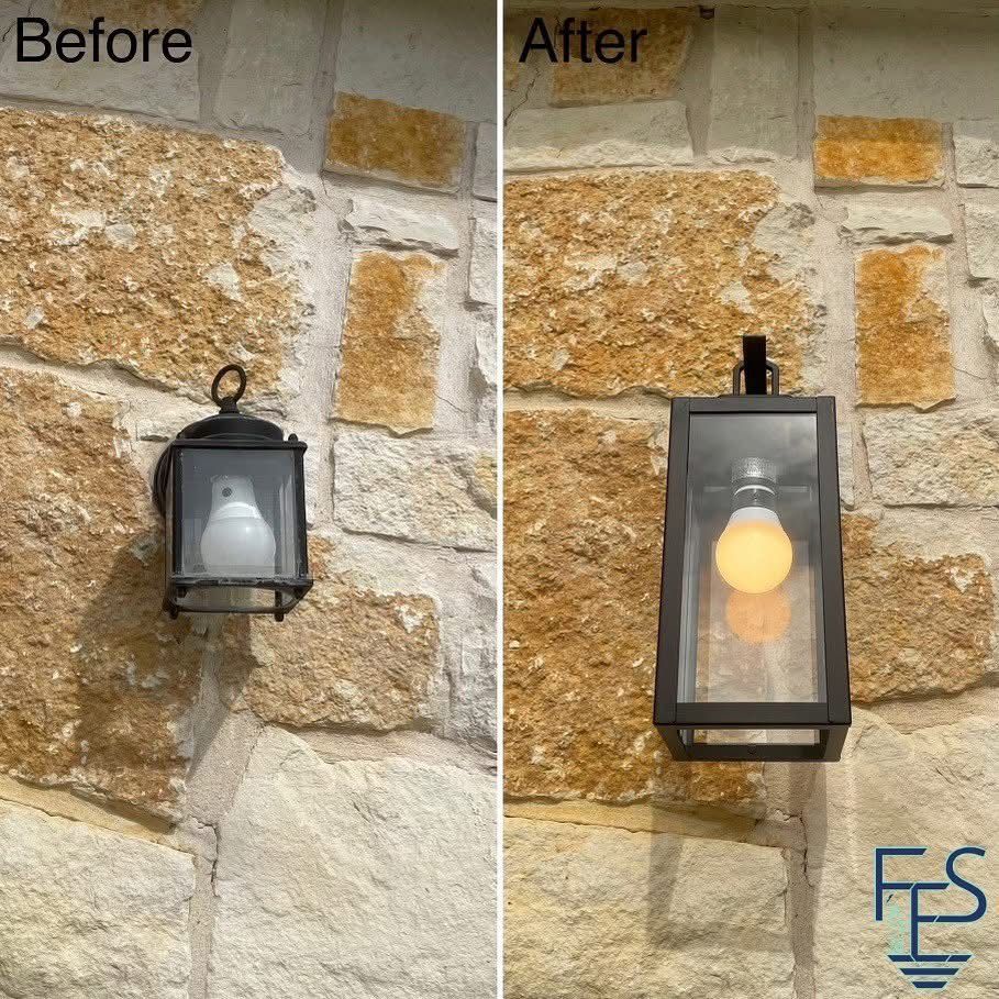 Before and after of a wall-mounted light fixture. The 